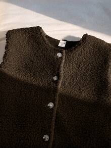 Genkimix Kids Genkimix Young Girl Girls Casual Solid Color Faux Wool Vest Jacket, Versatile Coffee Color Jacket, Suitable For Outings, School, Indoor Casual Wear - Coffee Brown - View 5