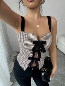 Selianne Women's Elegant Bowknot Houndstooth Cinched Waist Short Camisole, Spring/Summer
