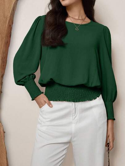 SHEIN LUNE Plus Size Casual Solid Color Puff Sleeve Blouse New Year Women Holiday