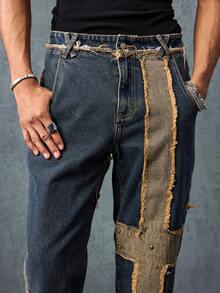 ROMWE MEN Grunge Punk Men's KPOP Punk Bell-Bottom Distressed Blue Jeans - Blue - View 4