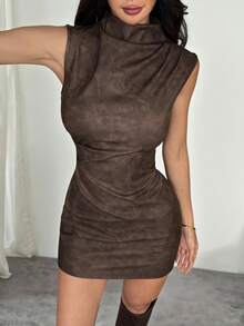 SHEIN PETITE Women's PU Leather Ruched Stand Collar Sleeveless Solid Casual Mini Dress, Fashionable For Daily Wear Women's Casual Fashion 90s Outfit Street Shooting Solid Color Pleated Collar PU Dress,Suitable For Party, Office, Outdoor, Liner Or Stand-Alone, Cocktail Dress Suitable For Going Out And Parties Christmas Dress Leather Dress Bronze Dress Coffee Brown Dress Earth Tone Dress Skin Tight Dress Brown Bodycon Dress Dark Brown Dress Brown Sexy Dress - Coffee Brown - View 5