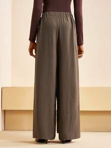 Zivah 2025秋冬季新年、情人节、派对、晚宴、约会、生日、学院风、学生装、日常穿着、百搭、休闲、邮轮旅行、潮流、优雅、通勤、商务休闲、简约、前片装饰、腰带、宽松阔腿裤、卡其色、女式长裤 - 卡其色 - 查看 2