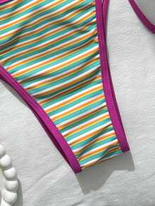 Swim Mod بدلة سباحة مجموعة بيكيني مثيرة بحزام رباط على الرقبة مخطط للنساء في الصيف - متعدد الألوان - مشاهدة 5