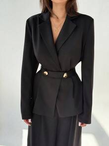 Aloruh Bộ đồ công sở tối giản, áo khoác cài nút kim loại cổ bẻ dành cho nữ + quần ống rộng màu đen, trang phục thu đông dành cho nữ - màu đen - Xem 6
