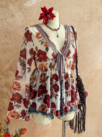 Soleia Blusa de manga larga con cuello en V, estampado floral vintage y lazo delantero para mujer talla grande de vacaciones