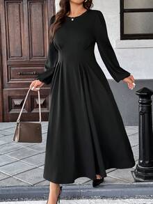 Easura Đầm cổ tròn tay dài màu trơn cỡ lớn - màu đen - Xem 1