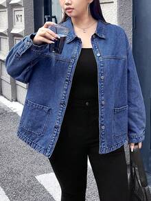 SHEIN EZwear 大码女式冬季加厚保暖牛仔外套 - 深色水洗藍 - 查看 5
