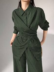 Heiryn 收腰、裹身、韩式风格、复古风、百搭通勤休闲两件套衬衫 - 軍綠色 - 查看 1