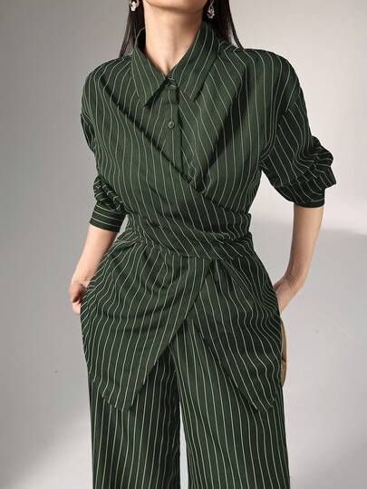 Heiryn 收腰、裹身、韩式风格、复古风、百搭通勤休闲两件套衬衫