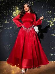 Viva Relle فستان سهرة طويل بأكمام طويلة مناسب للمقاسات الكبيرة، من قماش الأورجانزا اللامع والمزين بسلسلة معدنية، تصميم أنيق مناسب لحفلات الأعياد والزفاف والسهرات الليلية، مناسب للخريف والشتاء