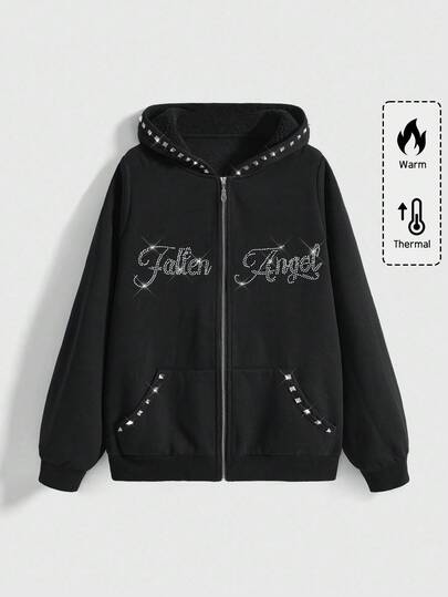 Plus Size Gothic Pouch Collar Geometric Rivet Rhinestone Letter Thermal Lined Hoodie Sweatshirt, Autumn/Winter Plus Size Women Gothic Sweatshirt, Black Hoodie