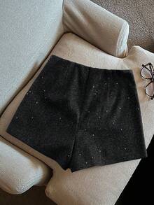 Franclia Fashionable Elegant Shiny Wool Blend Shorts For Women - Black - View 2