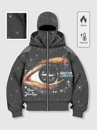 Street Life Men's Punk Street Style Graphic Print Rhinestone Embellished Sweatshirt  Jacket, Autumn/Winter