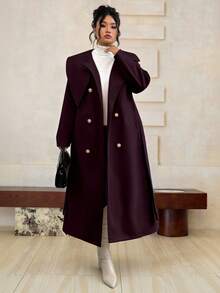 Roveilla 大码女式纯色系腰双排扣长袖优雅高品质浪漫长款羊毛大衣 - 中紫紅色 - 查看 6