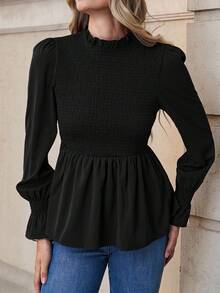 Solivie Blusa de manga larga con ajuste holgado y ribete de volantes elegante para mujer, camisa versátil para capas en otoño - Negro - Ver 4