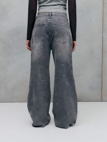 TypaGal Elegant Gray Washed Wide-Leg Jeans Featuring Subtle Paint-Splatter Details. A Versatile Piece That Pairs Perfectly With Chic Tops For A Laid-Back Yet Polished Look. - Grey - View 2