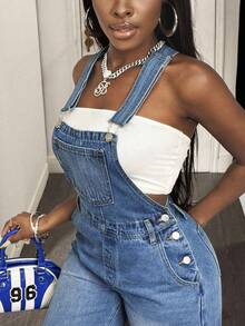 Slaydiva Plus Size Casual Denim Jumpsuit, Stylish And Relaxed - Light Wash - View 6