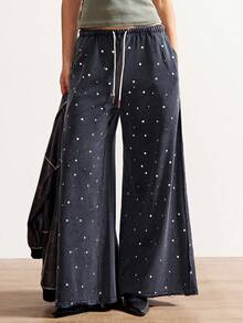 Bohemela 女士休闲纯色针织宽松水洗运动裤 - 黑色 - 查看 2