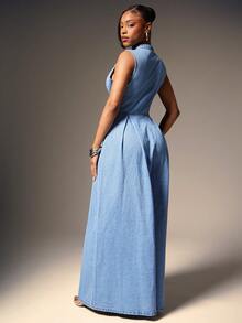 Denimoi Sleeveless Zip Front Wide Leg Denim Jumpsuit - Light Wash - View 5