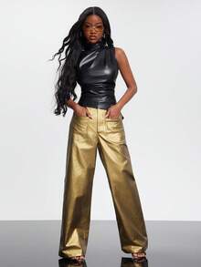 NYA SZN Hose mit hoher Taille, gerade geschnitten, weit geschnitten, metallisch, Urlaubs-Weihnachts-Silvester-Outfits für Frauen im Winter