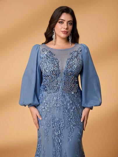 Aureia Vestido elegante y lujoso de talla grande con cuello redondo, mangas farol, bajo de sirena, bordado de malla con parches de lentejuelas gris-azul, con lentejuelas y adornos de strass, adecuado para gala de noche, fiesta, cita, baile, vacaciones, boda, madre de la novia y atuendo de invitado