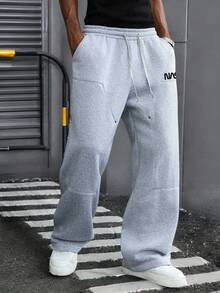 ROMWE MEN Solid Color Straight Leg Loose Fit Casual Sports Pants, Unisex Street Style - Light Grey - View 3