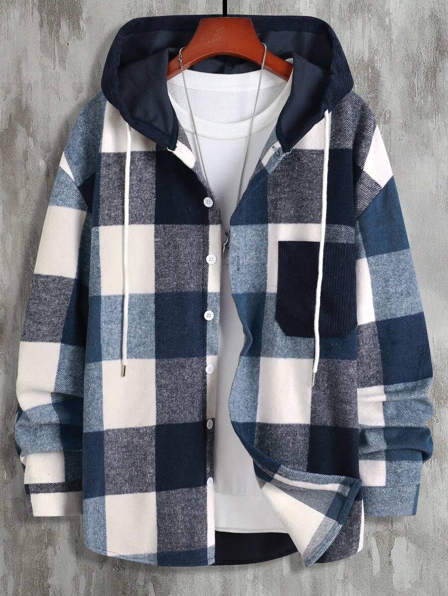 Manfinity Homme 1pc Men's Loose Fit Plaid Print Drawstring Hooded Overcoat