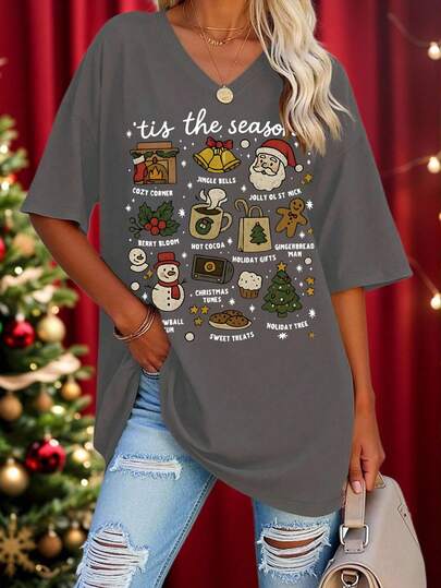 EMERY ROSE Maglietta vintage natalizia, maglietta con albero di Natale, maglietta per le vacanze, maglietta natalizia da donna, maglietta per la stagione natalizia, maglietta di Babbo Natale, maglietta dell'uomo di pan di zenzero, maglietta regalo di Natale