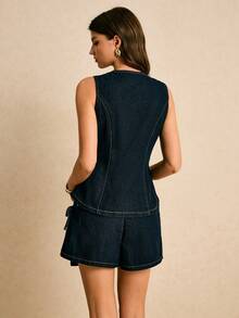 Poéselle 女士休闲系带无袖牛仔露脐上衣 - 深色水洗藍 - 查看 2