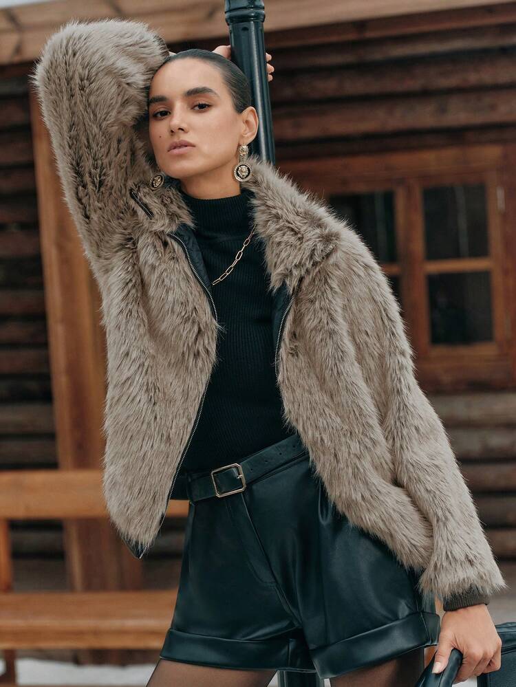 女性用カジュアル フラッフィー スタンドカラー ショート ジップアップ フェイクファージャケット、秋、冬、外出、エレガント、シック、クリスマスに適しています