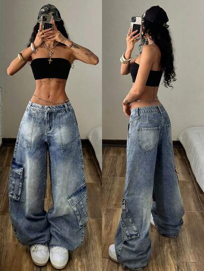 StreetHx Women's Low Waist Loose Casual Cargo Style Jeans, Versatile & Fashionable, Blue