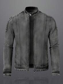 Manfinity Homme Men's Long Sleeve Stand Collar Zip Up Casual Denim Jacket Men Jeans Jacket