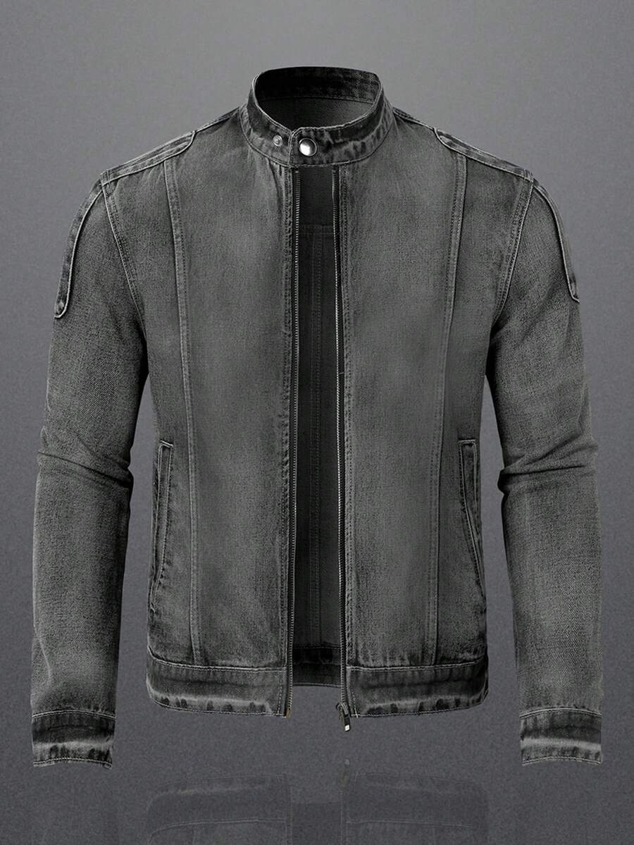 Manfinity Homme Men's Long Sleeve Stand Collar Zip Up Casual Denim Jacket Men Jeans Jacket