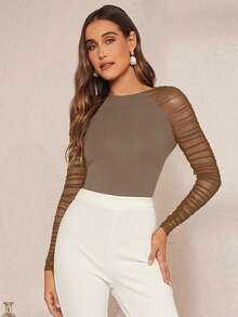 Amorya 女士时尚通勤网纱拼接插肩袖衬衫 - 杏色 - 查看 5