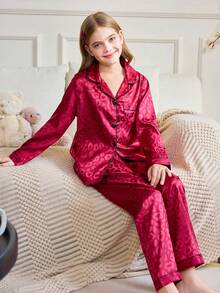 SHEIN 少女仿丝豹纹提花酒红色长袖睡衣套装 - 酒紅色 - 查看 4