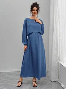 Momance 2pcs Maternity Set: Loose Boat Neck Long Sleeve Top And A-Line Waist Drawstring Skirt - Blue - View 4