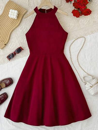 SHEIN Teen Girls' Wine Red Knit Halter Neck Sleeveless Cinched Waist A-Line Party Dress, Christmas & New Year