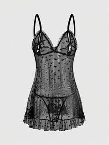 ROMWE Gothic Heart Lace Jacquard Sexy Nightgown & G-String Set - Black - View 1