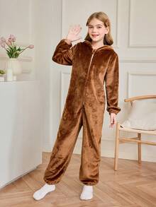 Girls Cute Brown Bear Animal Cartoon Cozy Pajamas Jumpsuit Teen Girl Sleepwear Winter Pajamas For Girls 10 Year Old Clothes Pajama Girls Brown Pajamas - Brown - View 5