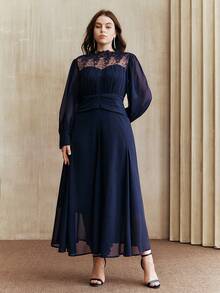 Anewsta 大码女士优雅蕾丝镂空拼接修身长袖连衣裙 - 藏蓝色 - 查看 7