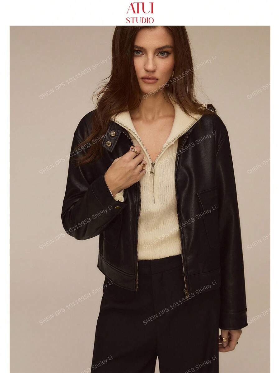 ATUI Studio Women's Black Casual Loose Long Sleeve Jacket, Autumn/Winter Fabric, Wide Shoulder Zip-Up PU Leather Jacket