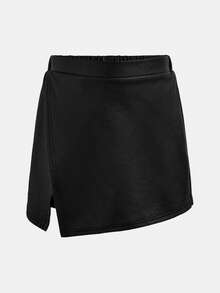 Tween Girls Asymmetric Black PU Skirt Shorts, Fashionable Versatile Casual Wear For Outings And Holidays - Black - View 3