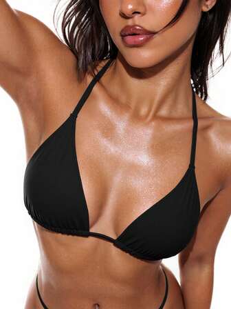 Solid Color Halter Twist Back Bikini Top