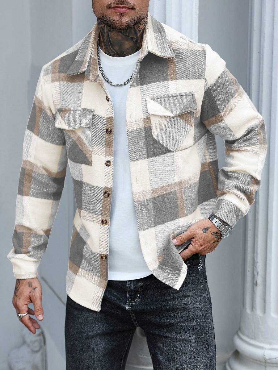 Manfinity Homme 男士休闲格子大衣，秋季款 - 灰色 - 查看 1