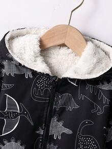 SHEIN 男童休闲时尚印花连帽外套，保暖内衬，拉链开合，秋冬季 - 黑色 - 查看 3