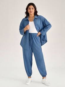 Comfylo 大码休闲长袖衬衫和裤子两件套 - 藍色 - 查看 5