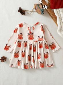 Cute All White Newborn Baby Girl Floral Print Knit Soft Round Neck Long Sleeve Cinched Waist Dress,Thermal Lined Christmas Cozy Pixies Spring Infant - Apricot - View 2