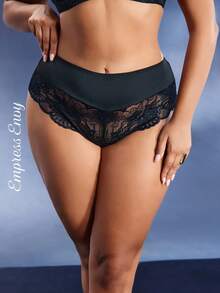 1pc Plus Size Solid Color Contrast Lace Panty Lingerie - Black - View 1