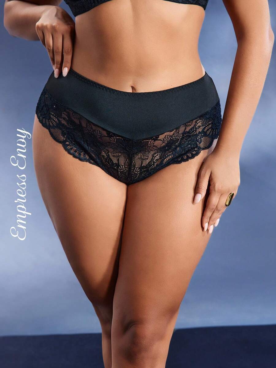 1pc Plus Size Solid Color Contrast Lace Panty Lingerie - Black - View 1