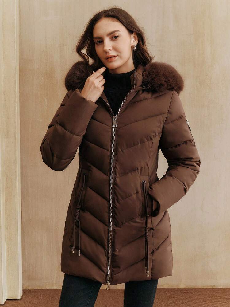 Women's Fashionable Casual Mid-Length Hooded Detachable Faux Fur Collar Padded Coat, Suitable For Fall, Winter, New Year, Party, Wedding, Elegant, Chic, Stylish, Christmas, Festival, Holiday